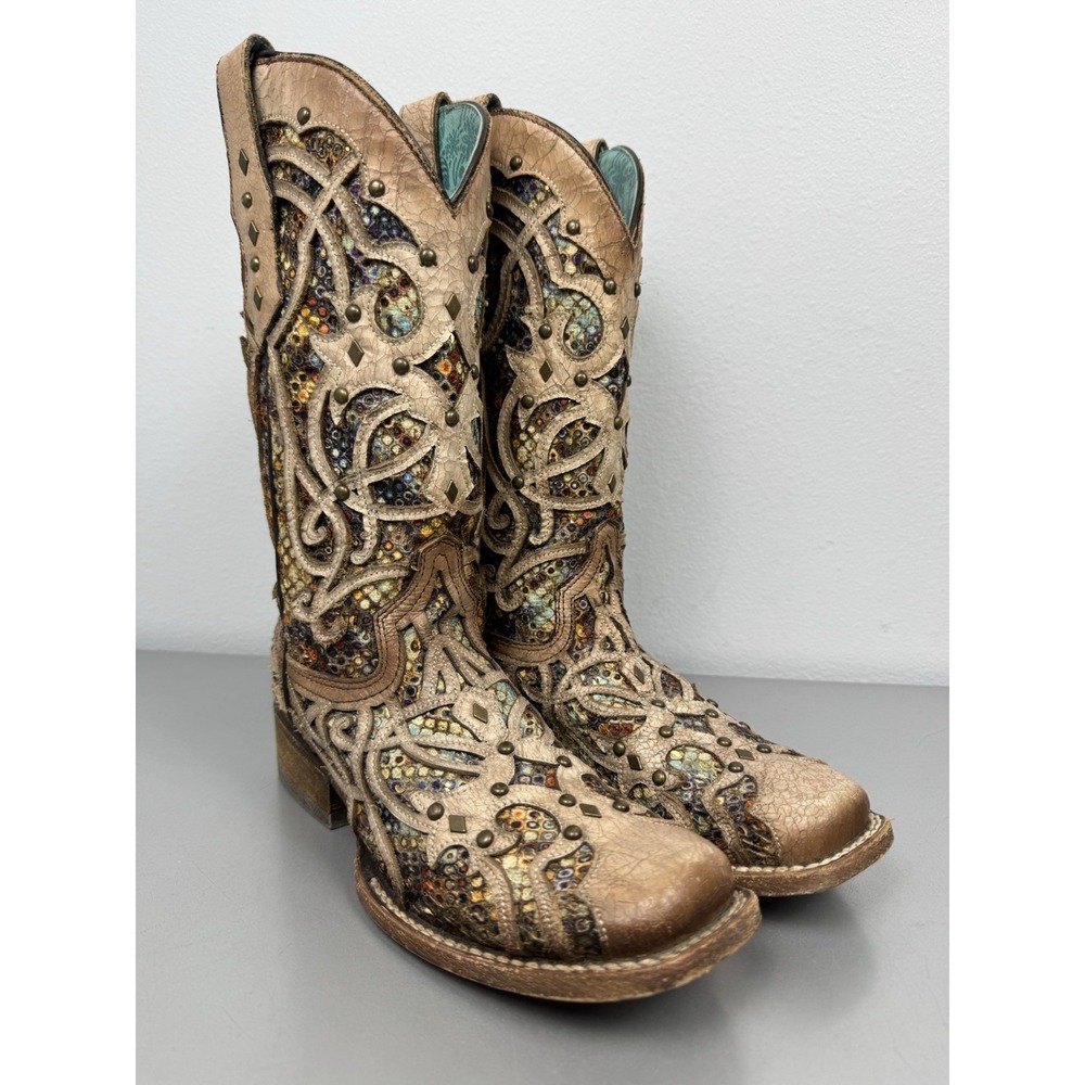 Corral Multicolor Inlay Cowboy Boots Womens 8 M Brown Bone Leather Square Toe